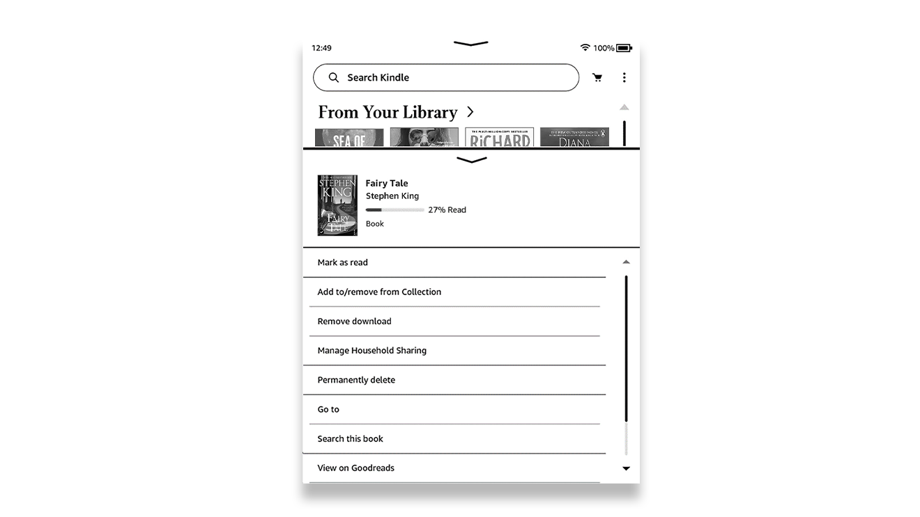 A screenshot of the Kindle app showing users how to change Amazon Household settings