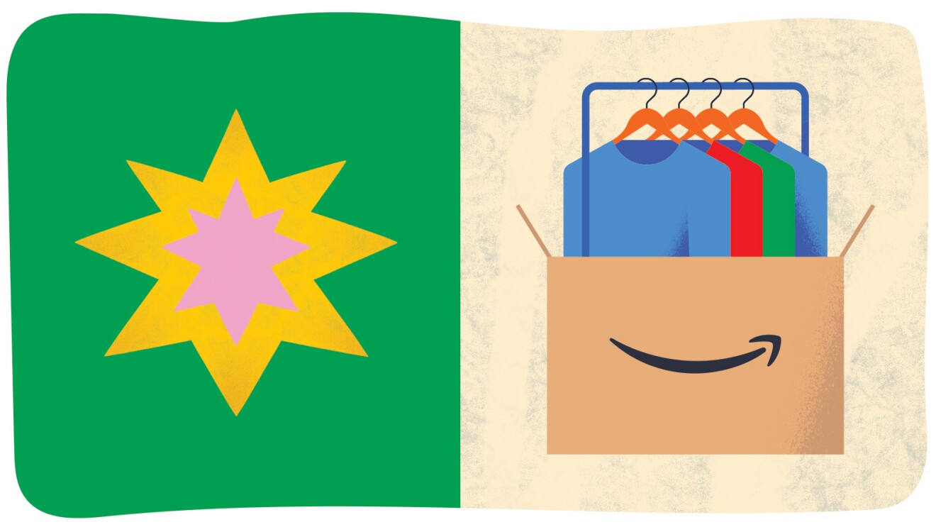 An illustrated image of a star on the left and an Amazon branded box on the right with clothing hanging on top of it.  