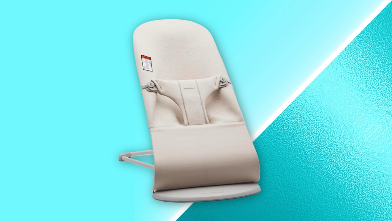 BabyBjörn Bouncer Bliss against a vibrant teal background.