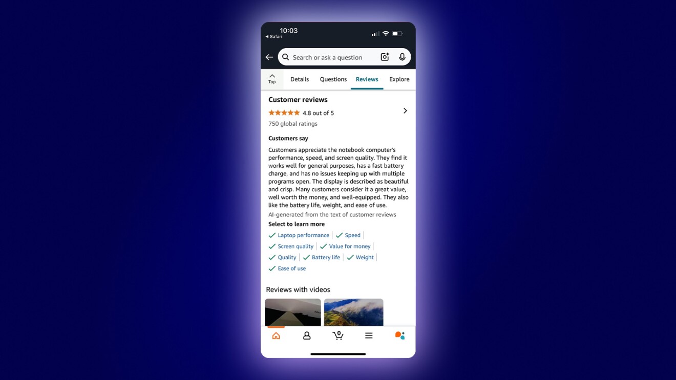 Amazon shopping app showing customer testimonials
