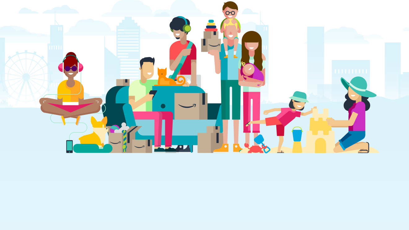 天际线前的人的插图。一个女人盘腿而坐,一只柯基站在一个亚马逊盒子旁边,露出一根狗骨头。一个男人坐在沙发上看手机,旁边坐着一只猫。一个戴着耳机和笔记本电脑的男人站在沙发后面。一个男人和一个女人站在一起;她抱着一个婴儿,他的肩膀上坐着一个蹒跚学步的孩子。一个女人和她的女儿搭了一座沙堡。"width=