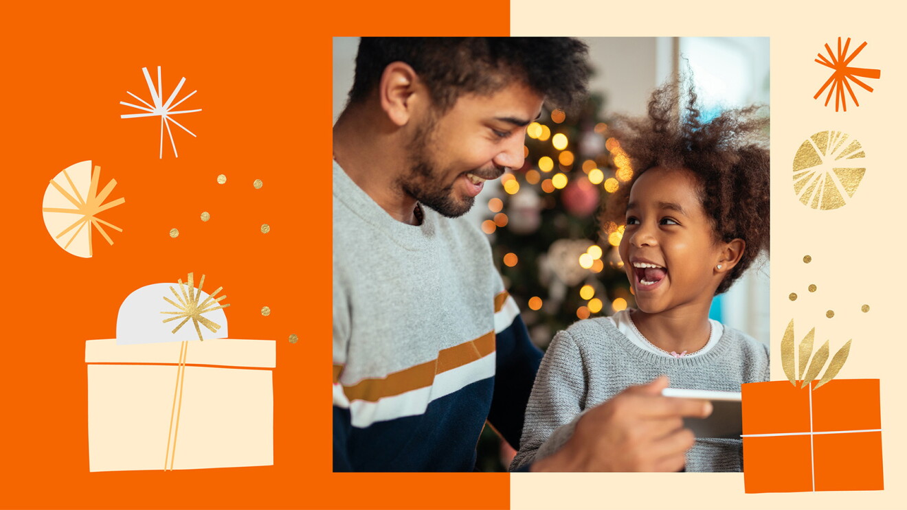 An orange and beige illustrated image with holiday-themed illustrations on it. There is also an image overlaid on the illustration of a dad and daughter smiling at each other with a holiday tree in the background.