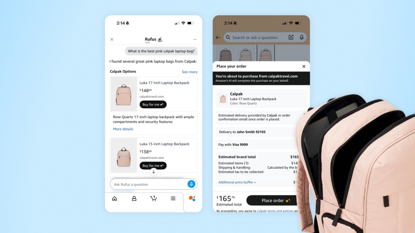 Rufus AI shopping assistant interface suggests pink laptop bags with purchase