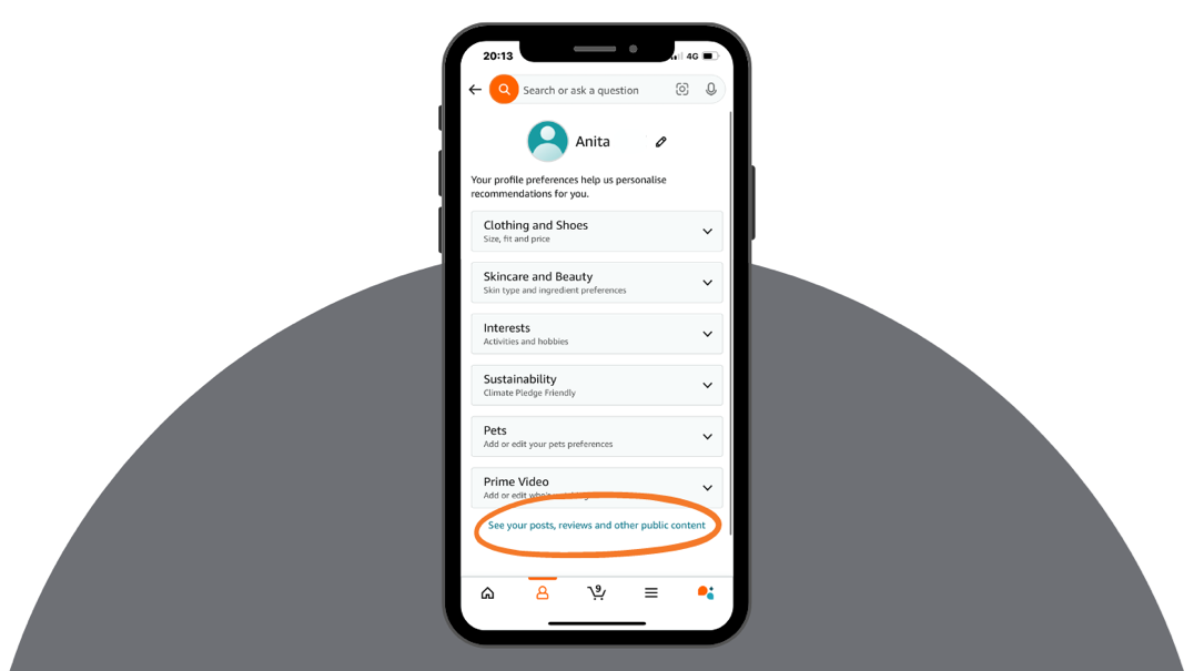 Mobile screen showing how to view your reviews on Amazon