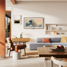 An Amazon Ember Artline TV in light-themed living room setting displaying abstract art while in idle mode.