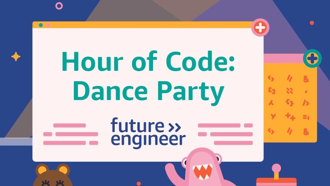 Hour of Code banner with dancing characters with test reading "Hour or Code is here, have a go at coding your own dance party"