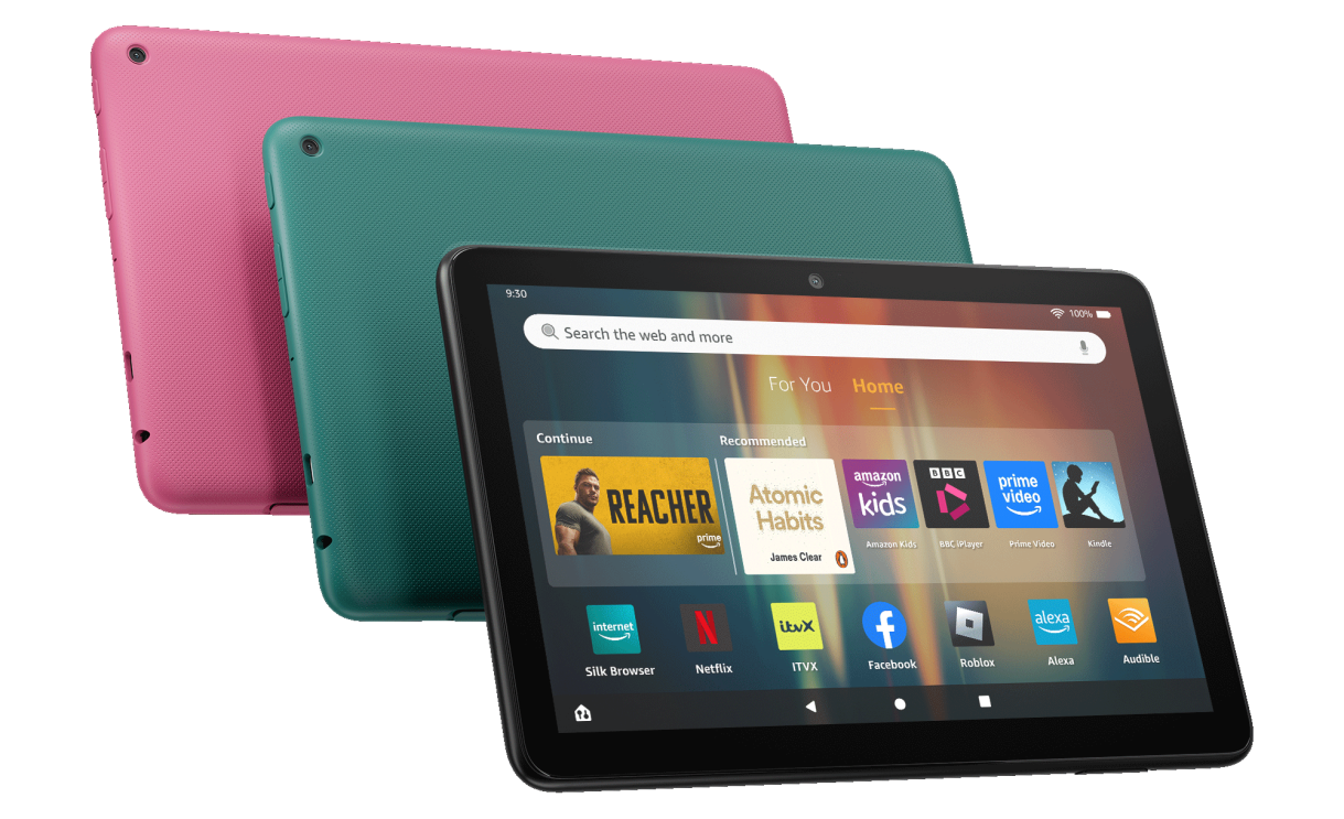 The Fire HD 8 tablet in three colours hibiscus, emerald and black