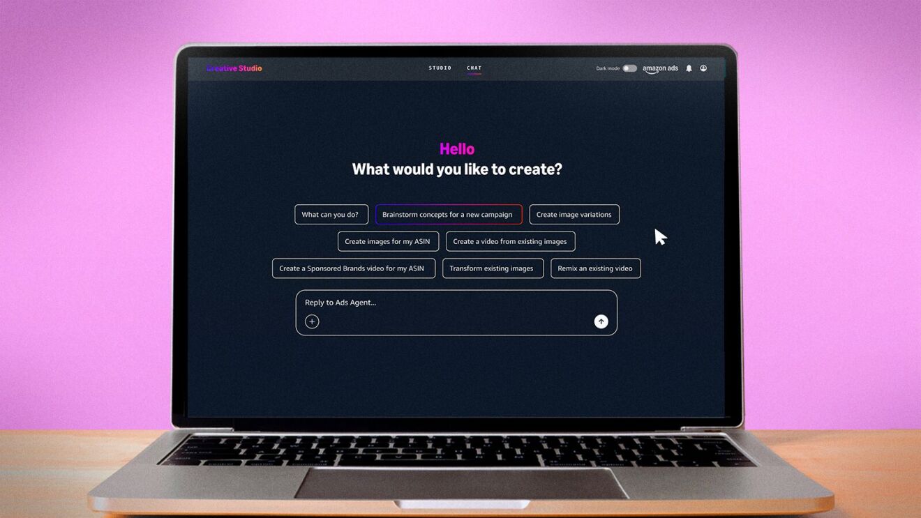Laptop displaying Amazon Studio interface with creative options
