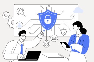 An illustration of two people working on devices that represent cybersecurity. 