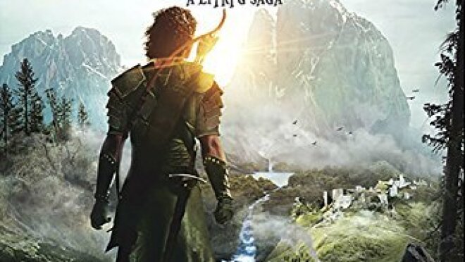 Art from a book cover. Image shows a character from behind as he looks toward a mountainous landscape. The character has a bow slung over his back and a sword hanging from his waist.