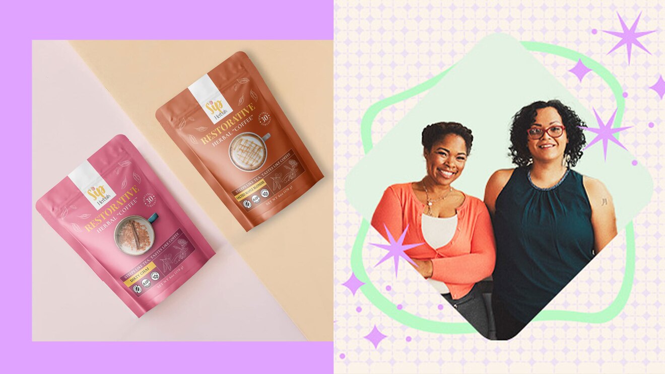 两张并排的图片,左边显示的是恢复性咖啡袋,右边显示的是两个女人的彩色背景。