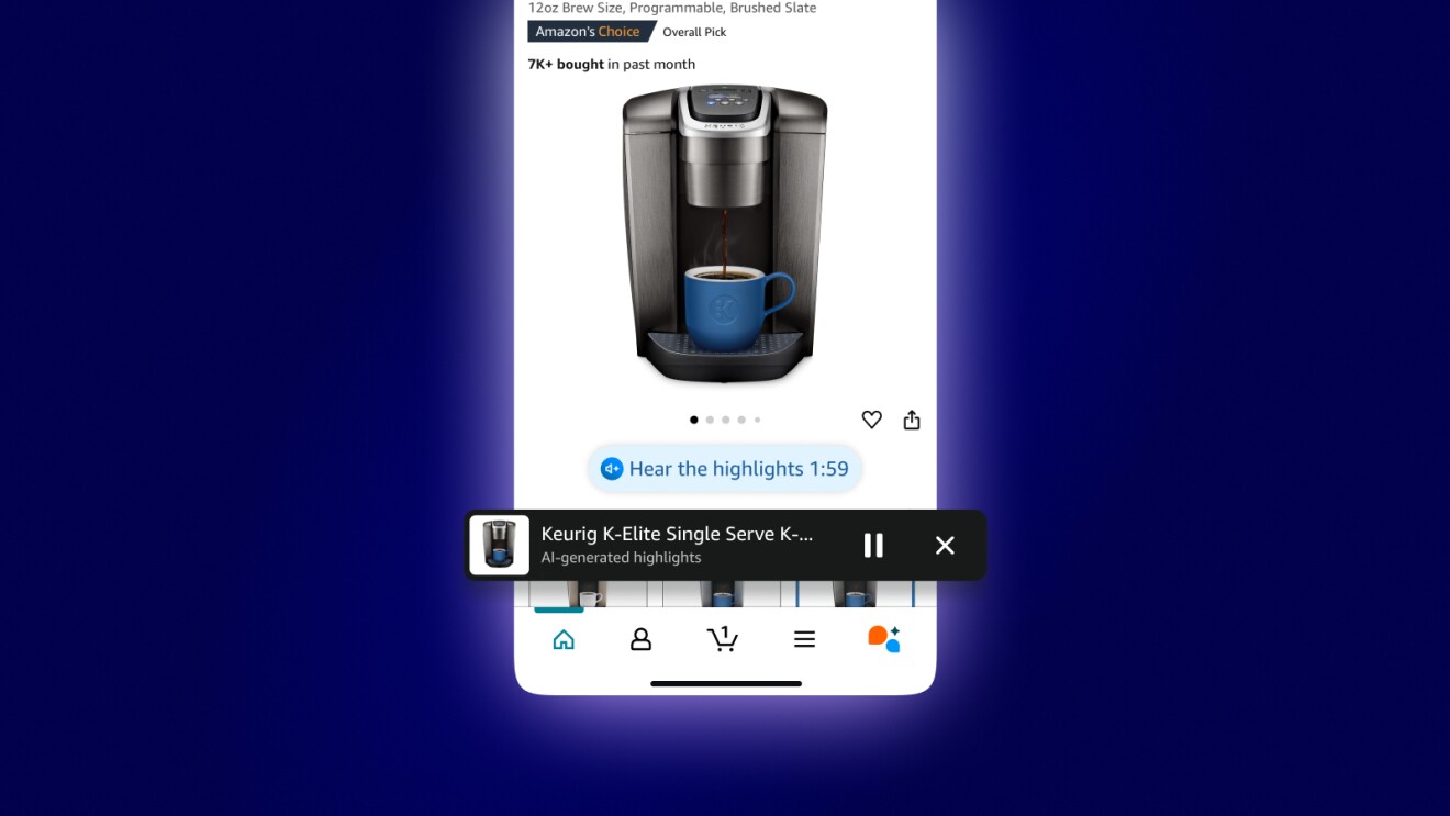 Amazon listing with Hear the Highlights feature for Keurig K-Elite coffee maker