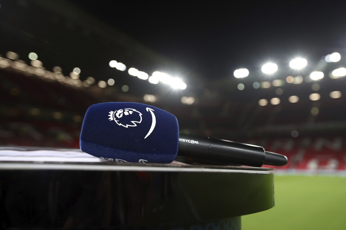 A microphone with the Prime and Premier League logos.