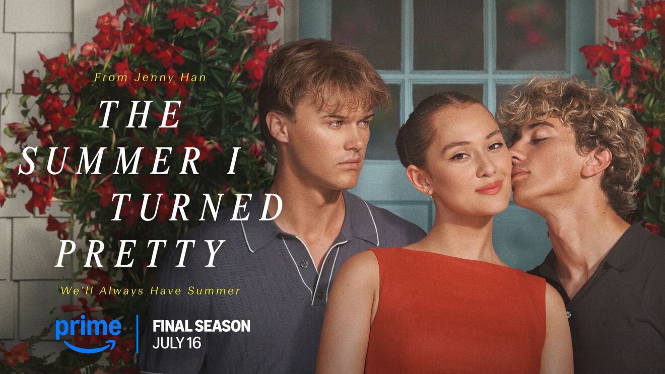 Prime Video poster for final season of 'The Summer I Turned Pretty', premiering July 16 with a woman in red in between two men and floral background