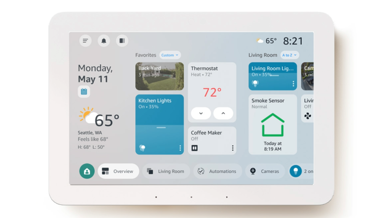 Echo Hub showing 65° weather, thermostat at 72°, and controls for kitchen lights, coffee maker, and smoke sensor