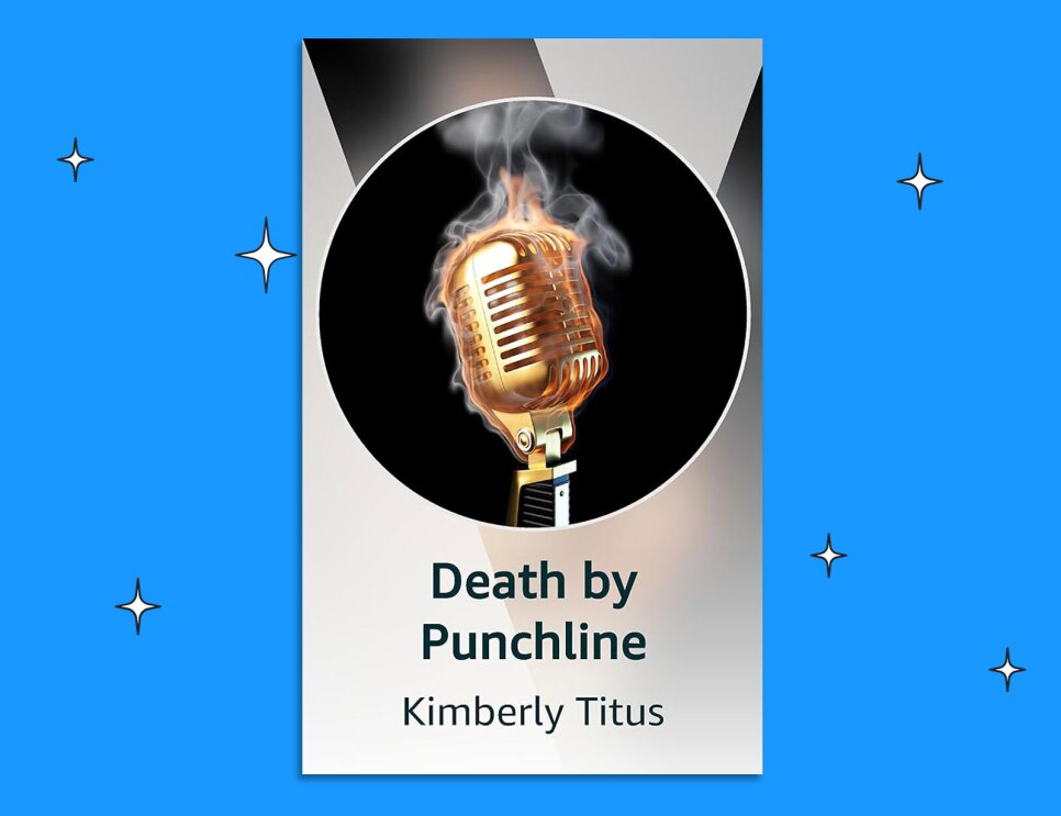 An image of the cover of 'Death by Punchline' with a blue background.