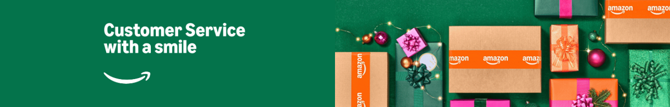 Amazon packages and holiday decorations with 'Customer Service with a smile' slogan