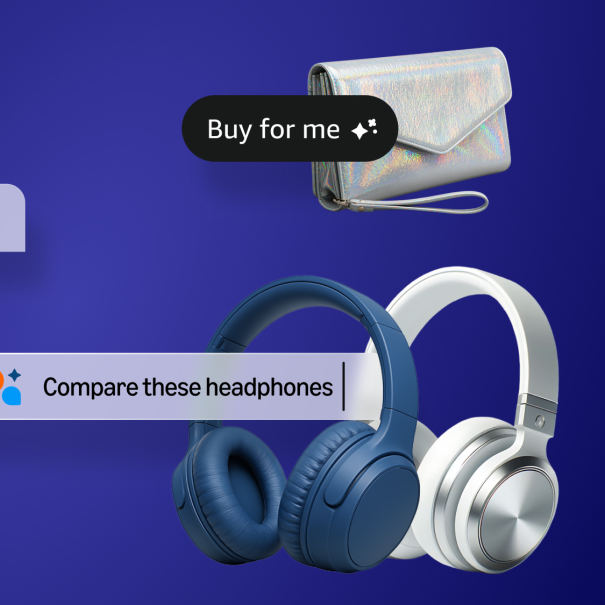 Amazon shopping assistant interface with athletic shoes, handbag, smartwatch, and headphones