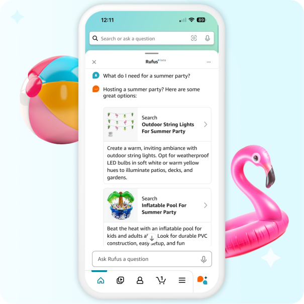 Amazon Rufus provides answers to the question "What do I need for a summer party?"