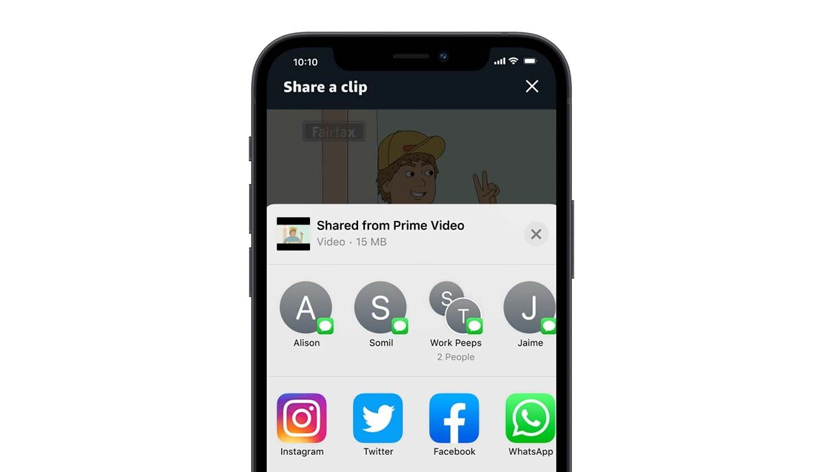 A screen view of how to share a Prime Video clip on an iPhone.