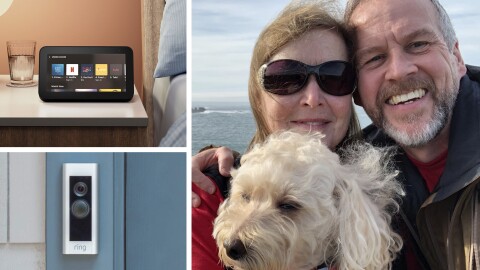 colage显示两个设备在左边,一个底部环和一个回声显示在顶部。正确的图像显示亚马逊客户大卫和辛西娅与摄像机之间的微笑带着他们的狗在后台和海洋。
