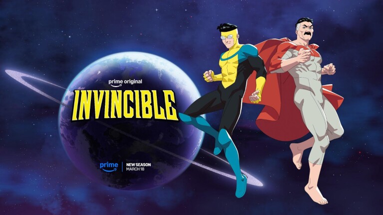 Promotional poster for Prime Original series 'Invincible' featuring two superheroes