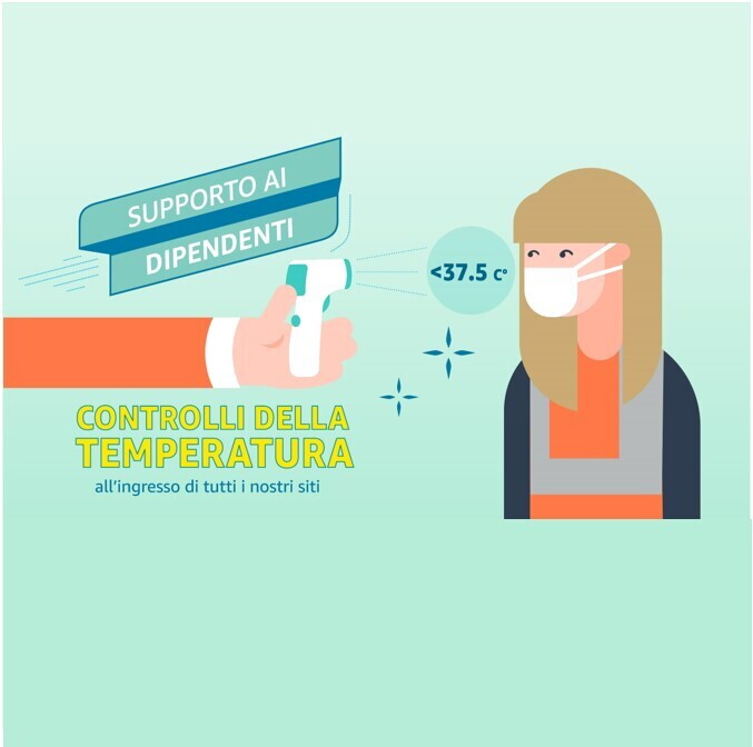 Sulla destra illustrazione di una donna con la mascherina sul volto che si lascia misurare la temperatura con un termometro a distanza. Il termometro segnala che la temperatura è inferiore a 37.5°. Sulla sinistra una scritta recita 'Controlli della temperatura all'ingresso di tutti i nostri siti'