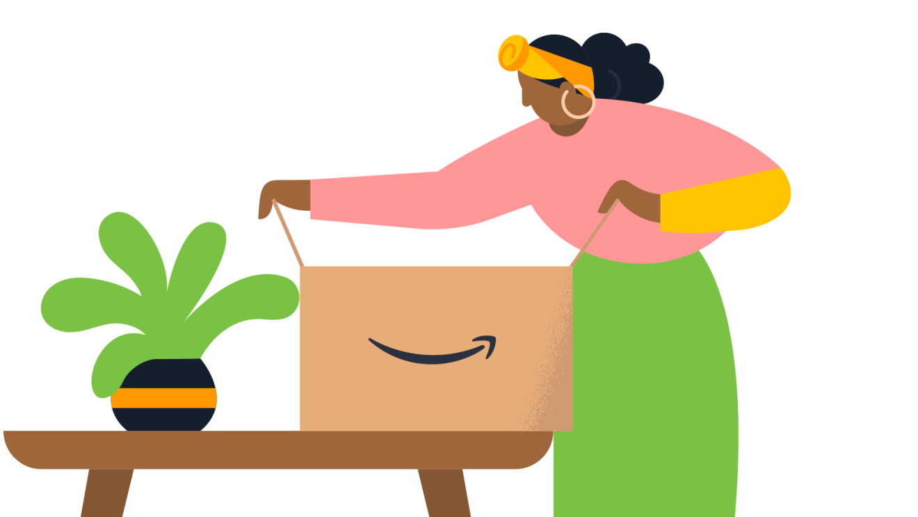 一幅插图的女人打开亚马逊盒子工厂旁边的桌子上。