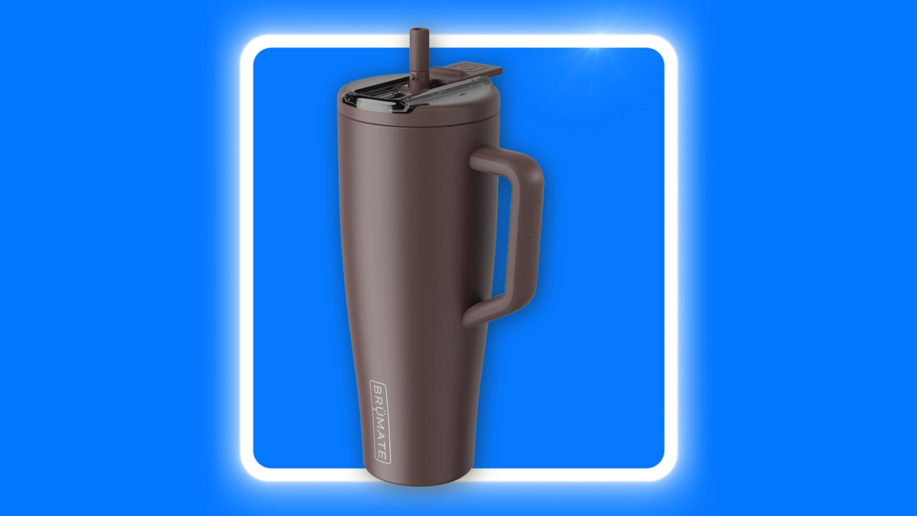 BrüMate Era Flip 40oz Tumbler against a bright blue background.