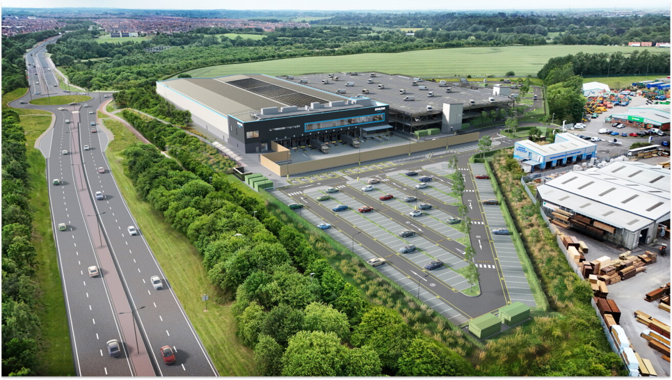 Amazon Warehouse CGI aerial view.