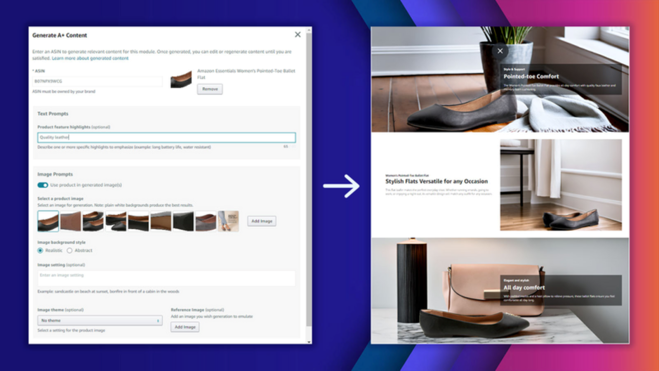 AI content generation interface for product images and descriptions