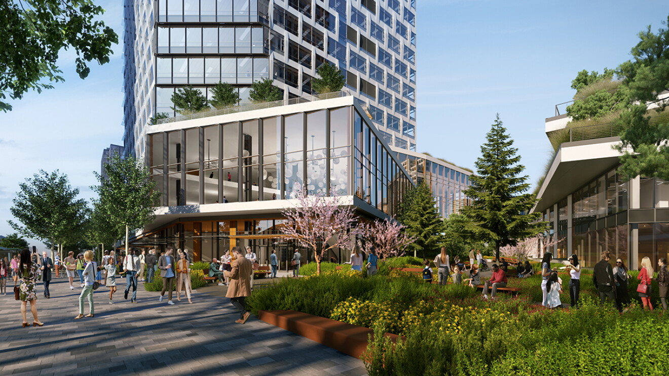 Rendering of Amazon's new Bellevue 600 site, featuring a public, outdoor plaza and garden, which is centrally located between the two buildings with a 16-foot-wide park-like walking path.