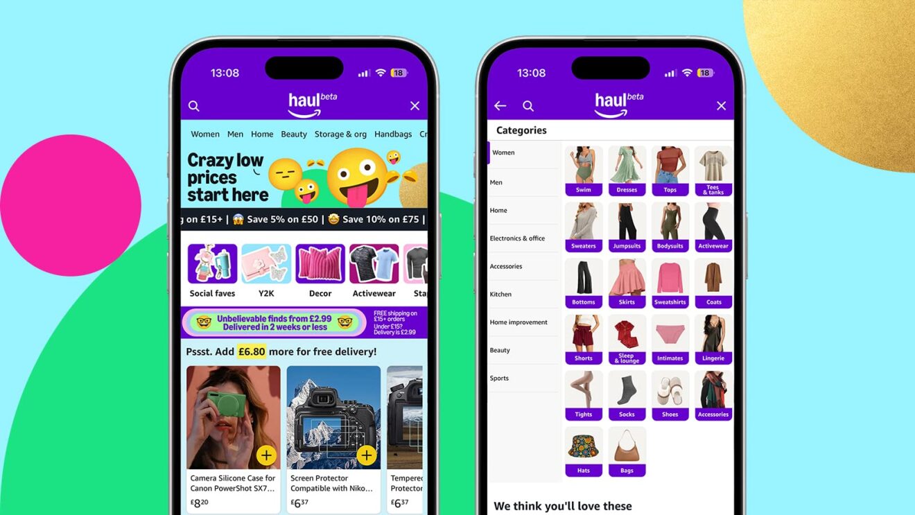 Amazon Haul shopping app screens with colorful menus and product listings