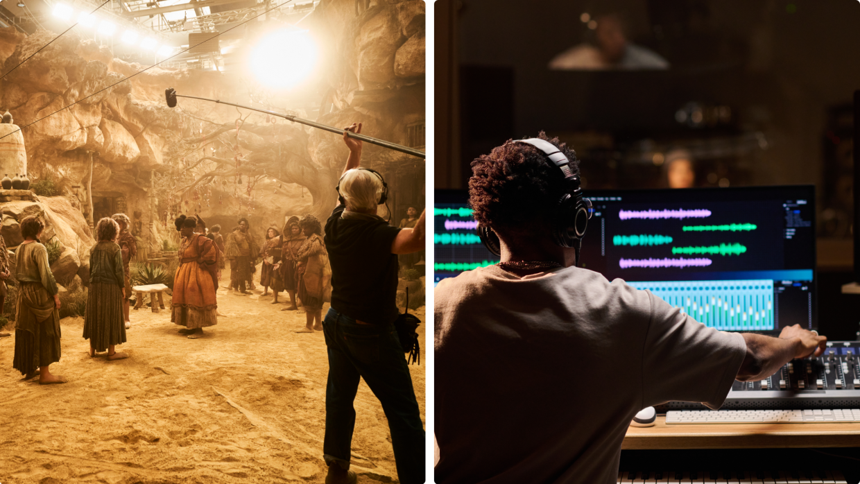 Side-by-side images, one showing filming of a fantasy TV scene, other show man in recording studio