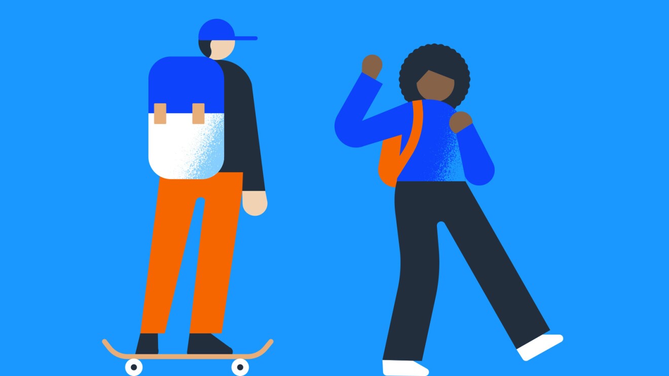 An illustrated image of two people. One is skateboarding with a backpack on. The other is walking with a backpack on.