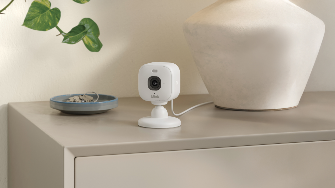 Blink security camera on minimalist dresser with plant and vase