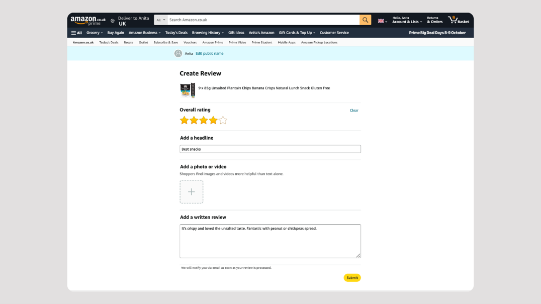 Laptop screening showing how to edit an Amazon review