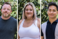 Three photos of Amazon employees in casual wear, smiling in front of greenery