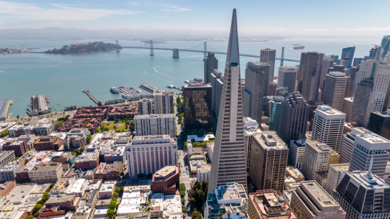 Aerial view of San Francisco skyline with Transamerica Pyramid and Bay Bridge