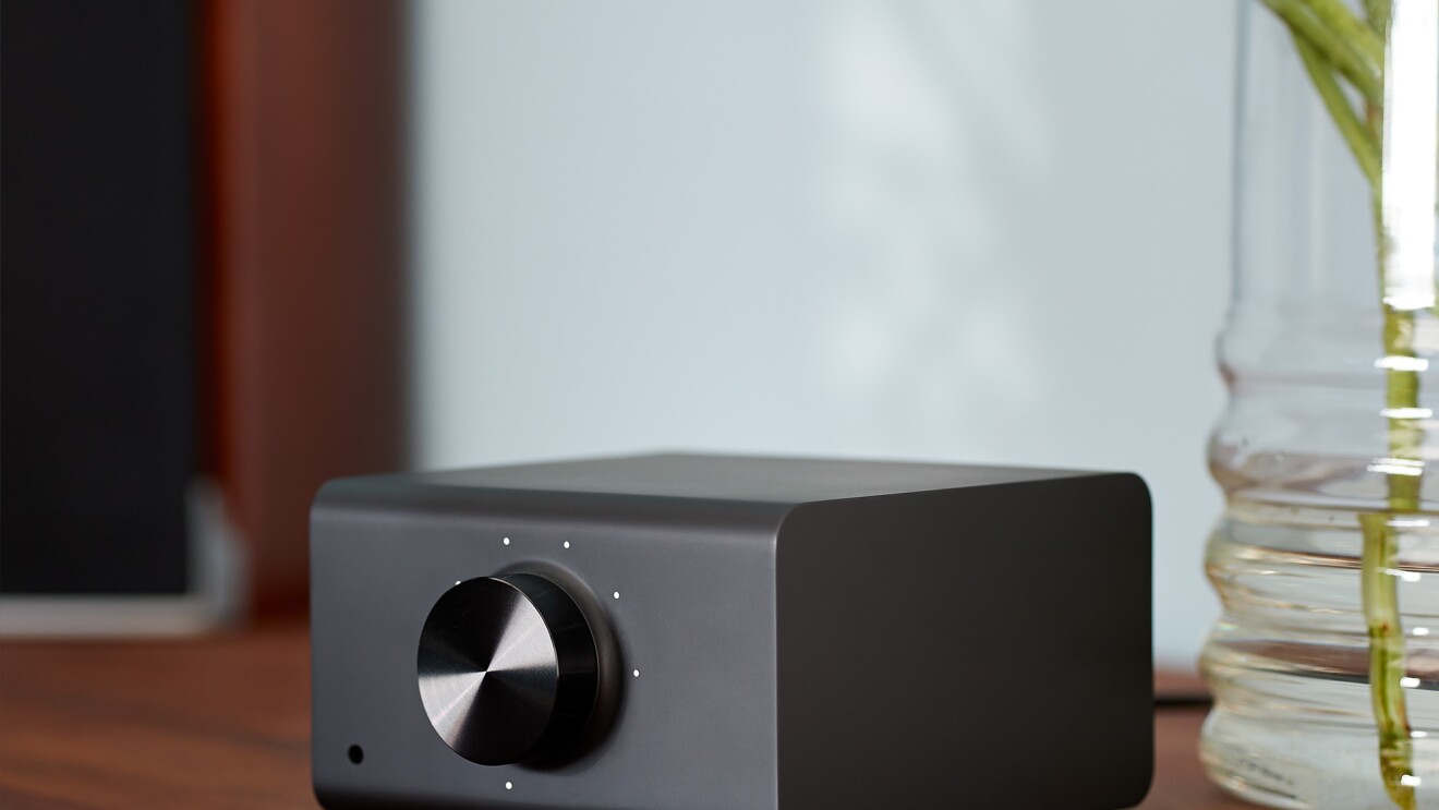 An Echo Link device on a wooden console table. To the left is a speaker. To the right, a glass vase with greenery.