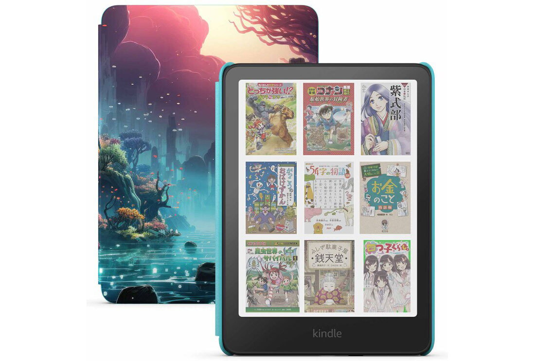 本体色は黒、フレーム部分が水色のKindle端末。左側に背面、右側に前面が正面を向いている。画面には3行3列のグリッドで9冊の児童書表紙がカラーで表示されている。背面にはカラフルで幻想的な風景イラスト。