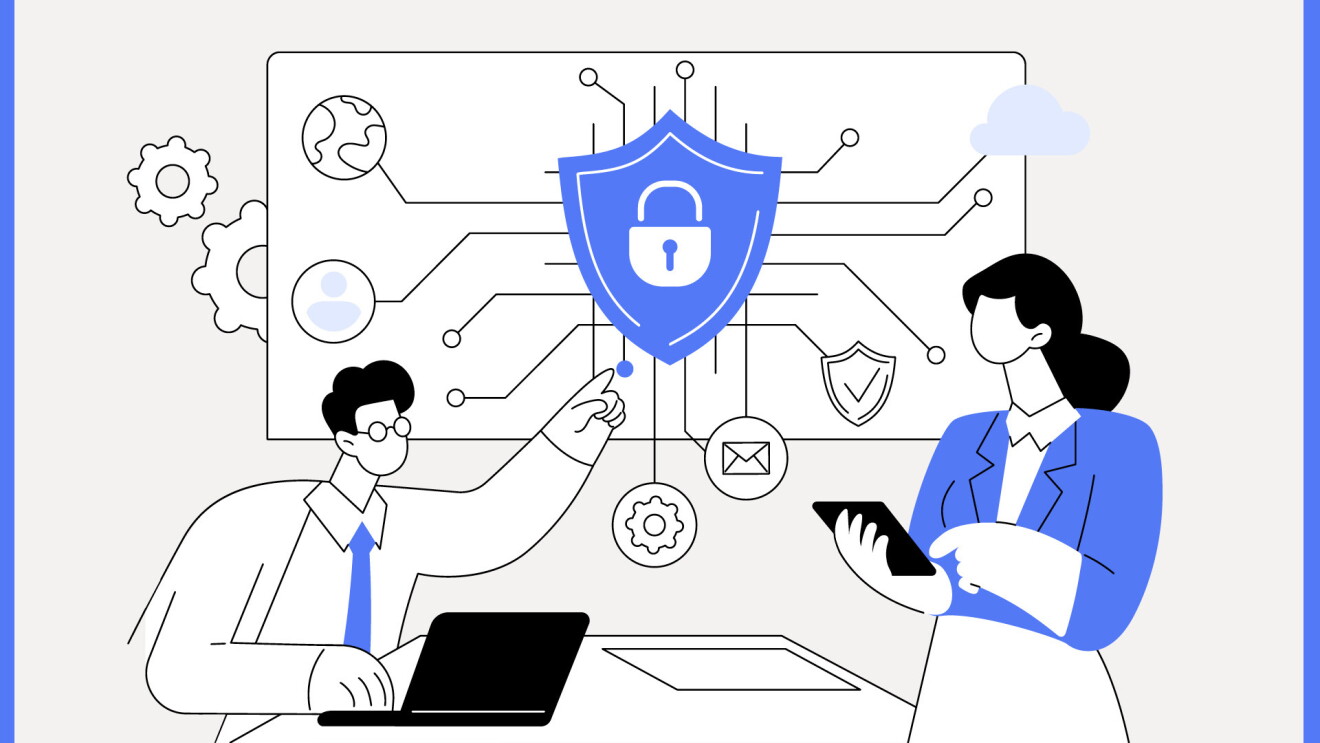 An illustration of two people working on devices that represent cybersecurity. 