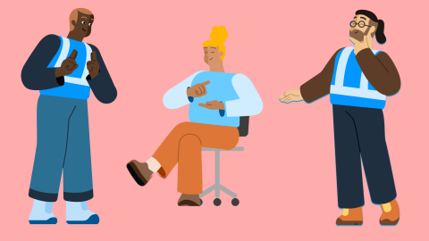 Un groupe des employés en dessin animé communiquant en langue des signes
