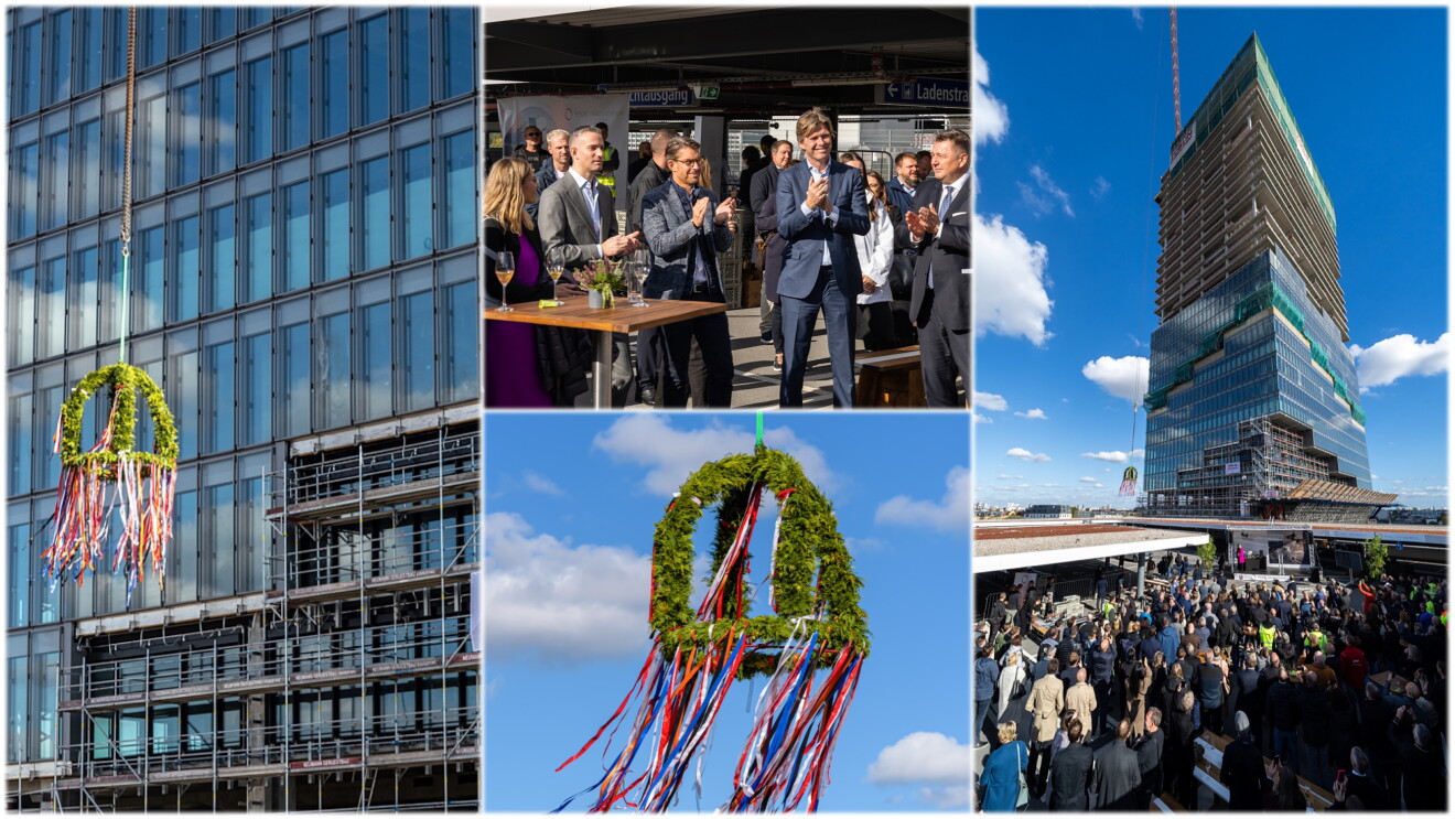 Collage mit verschiedenen Bildern zu den neuen Büros von Amazon in Berlin, u. a. Richtkranz, Eröffnung mit Besucher:innen, Edge-Tower im Hochformat.