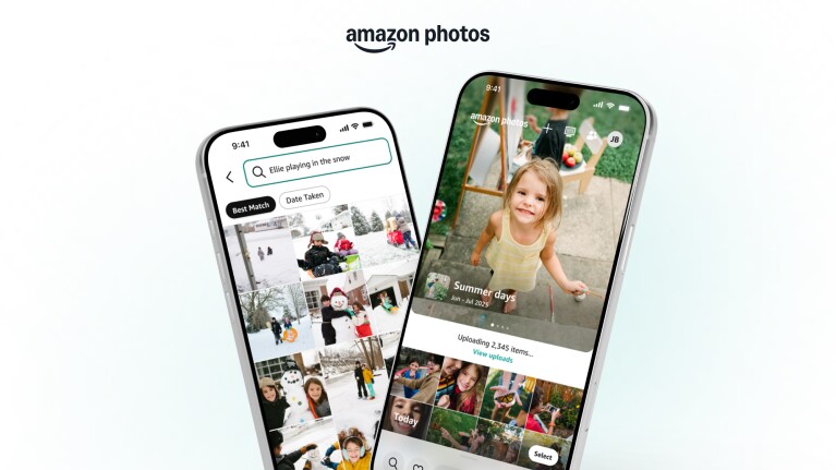 Two smartphones displaying Amazon Photos app with family photo collections and search features