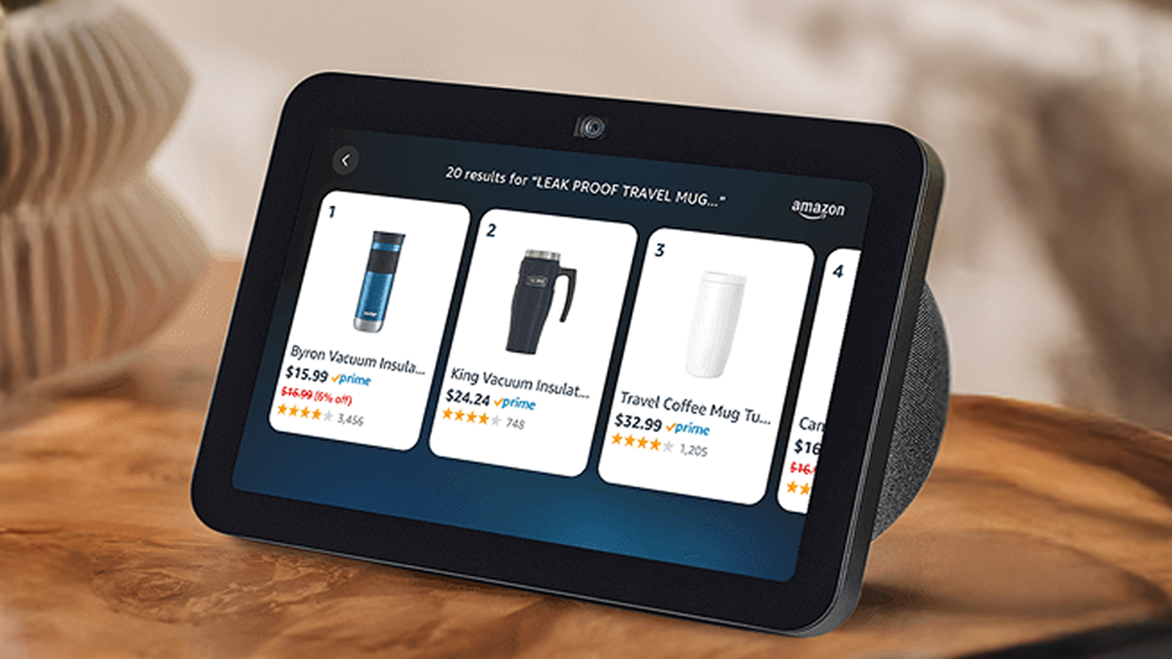 Amazon Alexa+ smart display showing search results for leak-proof travel mugs
