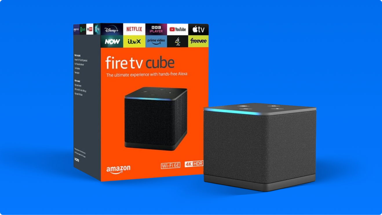 Amazon Fire TV Cube and its packaging displaying streaming service logos