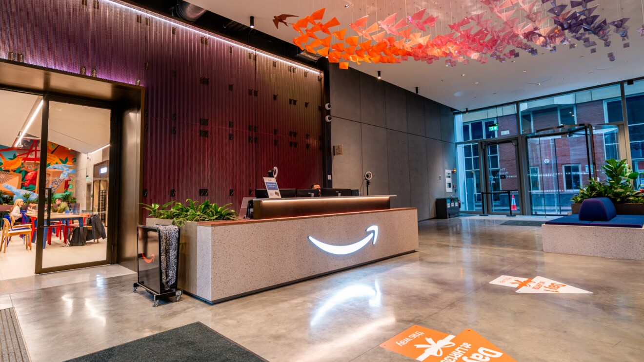 Modern Amazon office lobby with colorful origami-style ceiling art