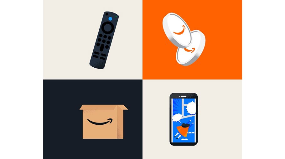 イラスト4点を市松状に配置した画像。左上はグレー背景に黒いリモコン、左下は黒背景にダンボール箱、右上はオレンジ背景に白いコイン2枚、右下はグレー背景にスマートフォン。