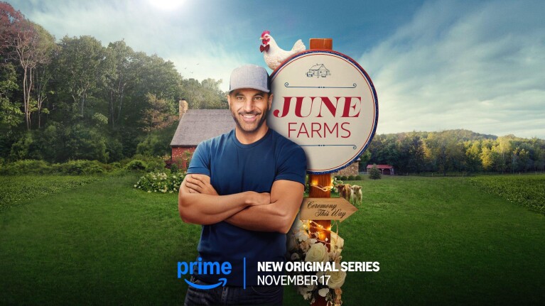 June Farms on Prime Video, farmer with a chicken behind him